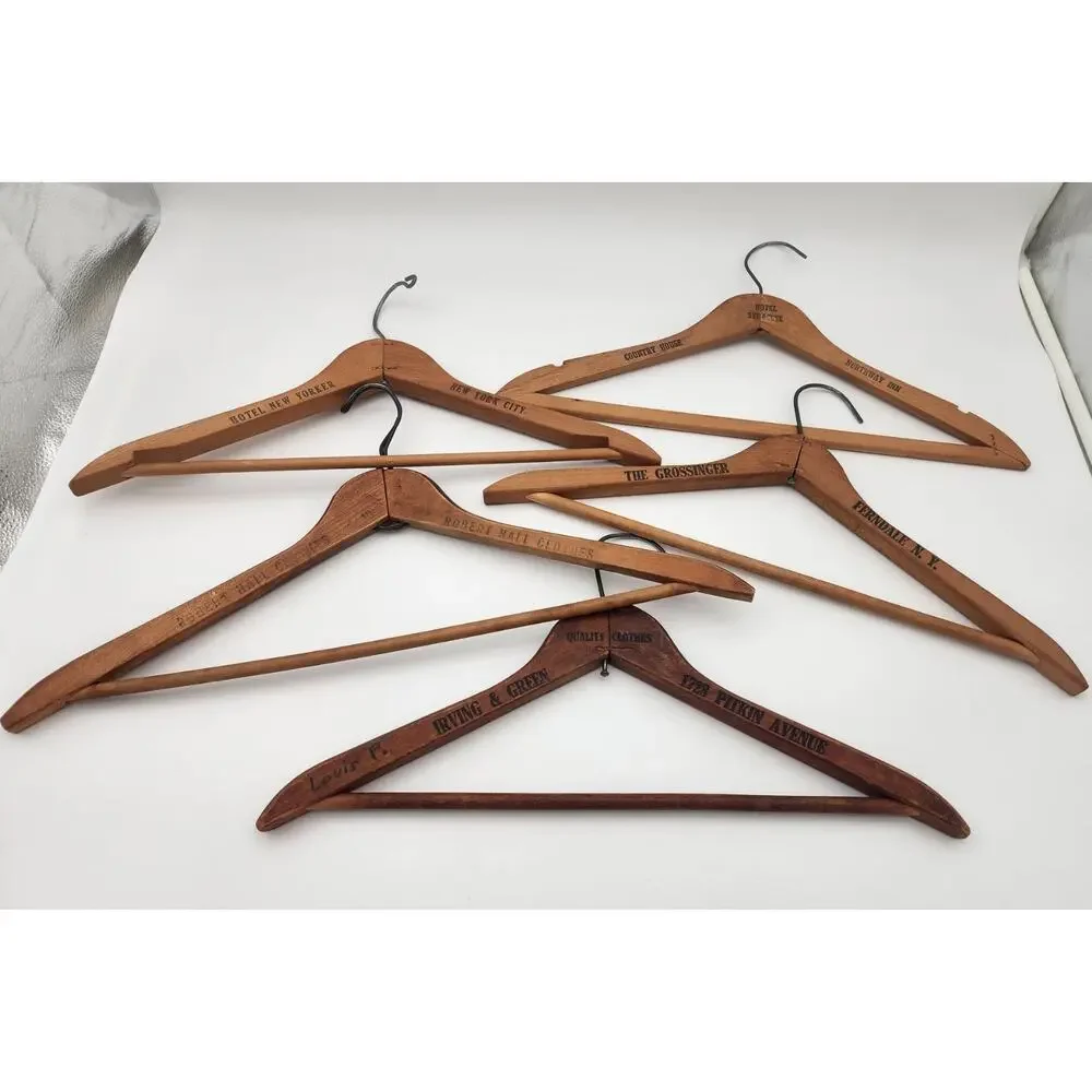 Vtg Lot of 5 Wood Coat Hangers Hotel Dept Store Advertising Syracuse New Yorker